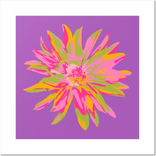 DAHLIA BURSTS Abstract Blooming Floral Summer Bright Flowers - Fuchsia Pink Yellow Lime Green on Violet Purple - UnBlink Studio by Jackie Tahara Posters and Art